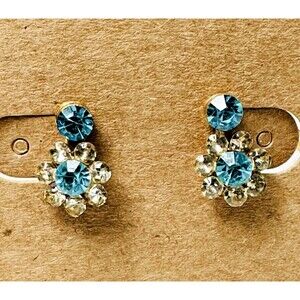 Vintage Blue Rhinestone Floral Earrings Gold Tone Mid Century Sparkle Screw Back